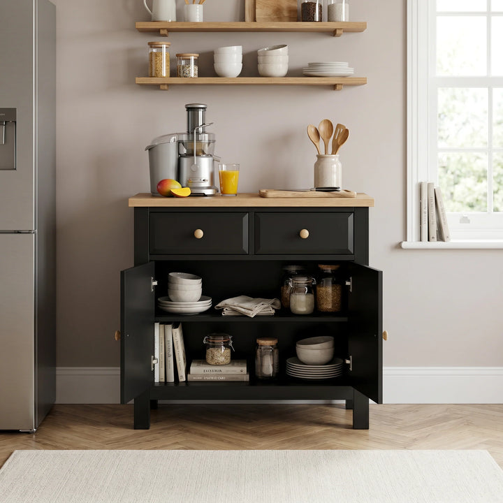 [Black] Haven Small Black Sideboard with Drawers & Oak Top, Painted Finish kitchen storage layout with both cupboard doors fully open.