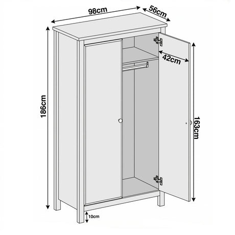 [Black] Haven 2 door wardrobe dimensions: W98 x D56 x H186 cm, internal height 163 cm, depth 42 cm.