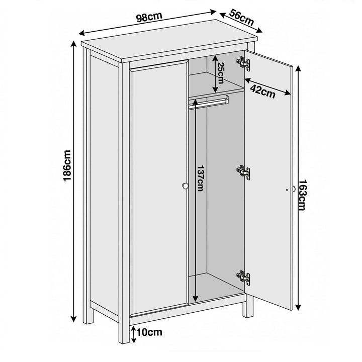 [Black] Haven 2 door wardrobe dimensions: W98 x D56 x H186 cm, internal height 163 cm, depth 42 cm.