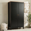 [Black] Haven 2 door wardrobe, matte black frame with oak top, round knobs, beside a woven basket.