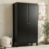 [Black] Haven 2 door wardrobe, matte black frame with oak top, round knobs, beside a woven basket.