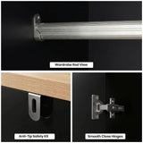 [Black] Close-up of Haven wardrobe hanging rail, hinge and wall-fixing bracket on black panels.
