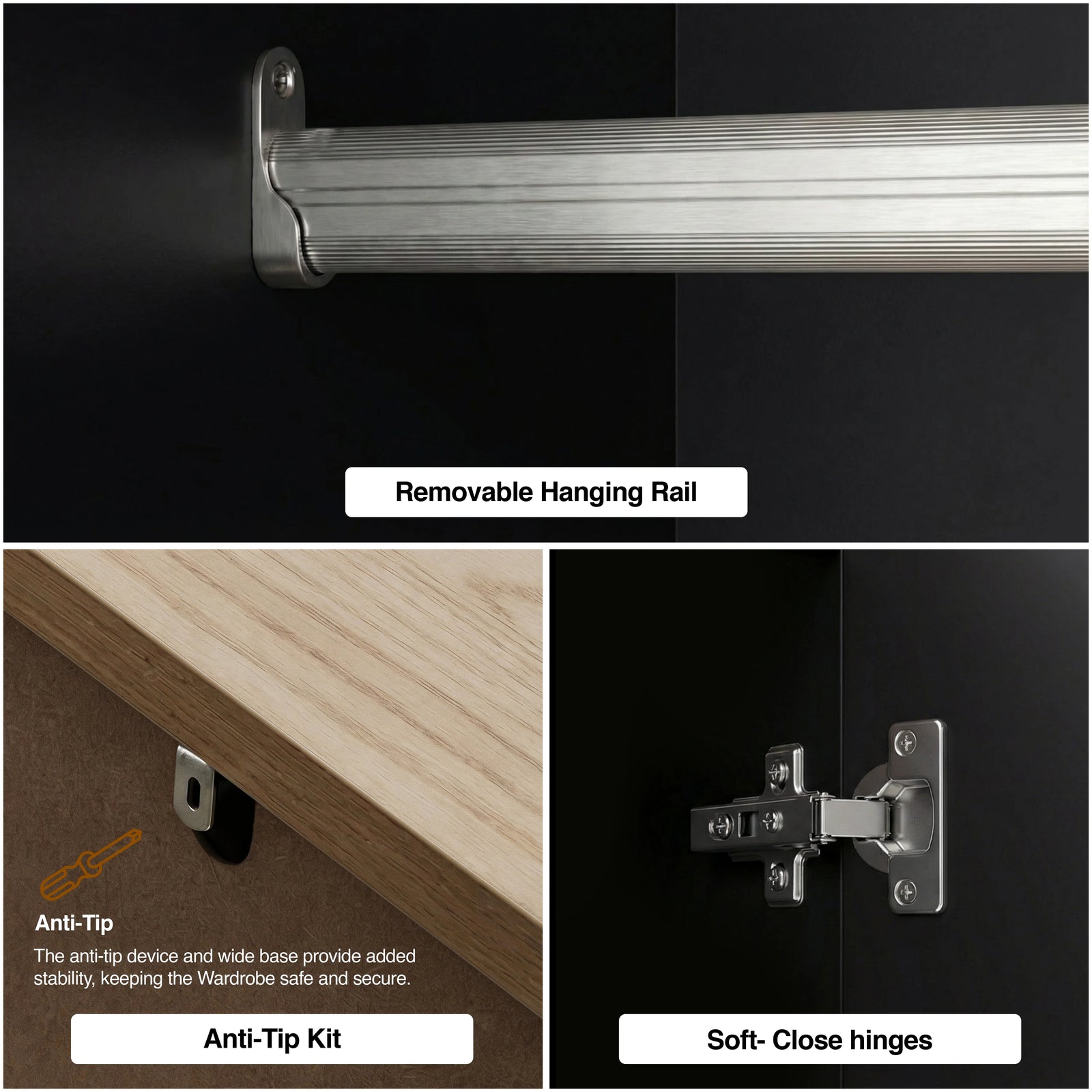 [Black] Close-up of Haven wardrobe hanging rail, hinge and wall-fixing bracket on black panels.