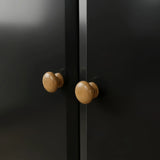 [Black] Pair of round oak knobs on the Haven 2 door wardrobe where the two black doors meet.