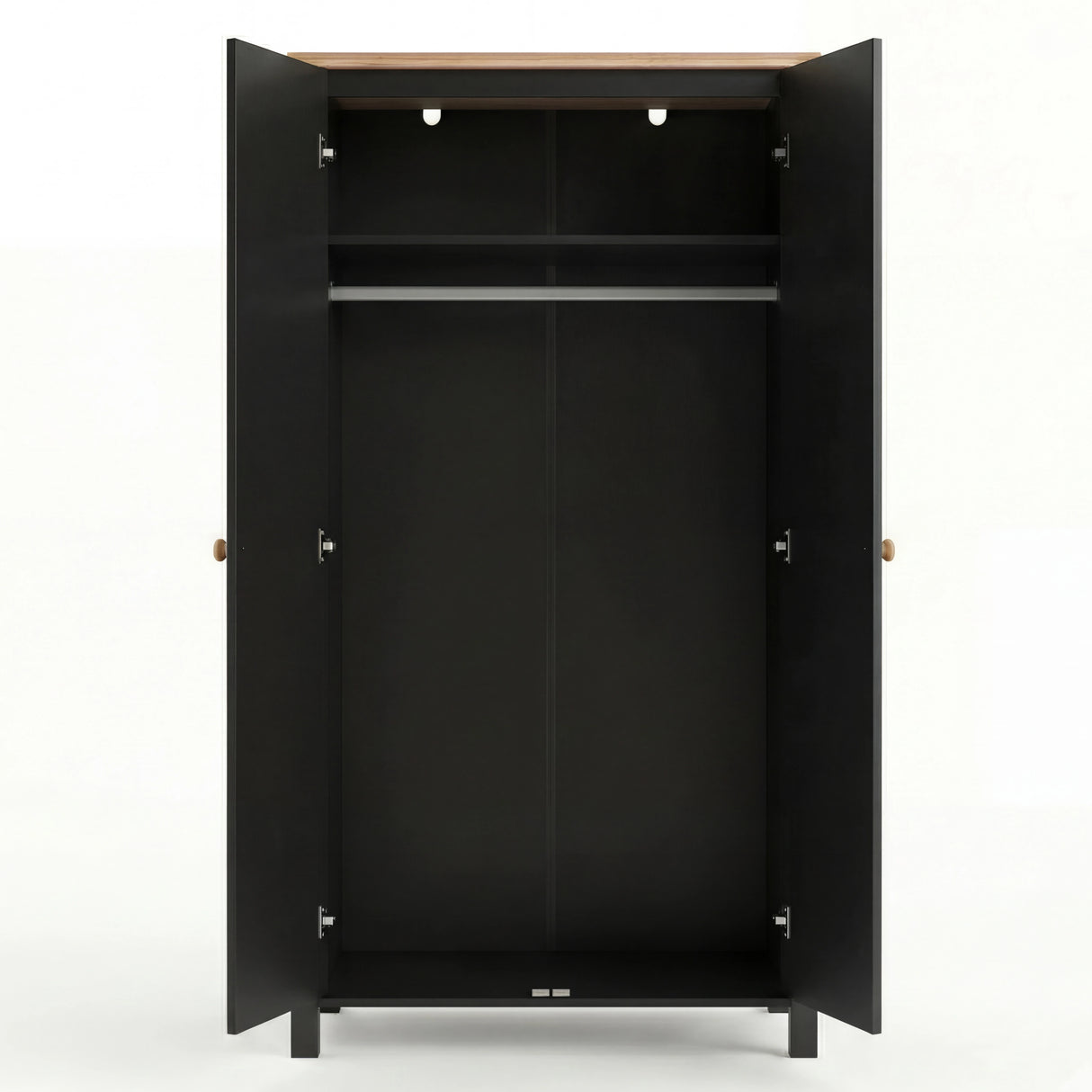 [Black] Haven wardrobe interior layout on white, shelf at top and hanging rail below, both doors open.