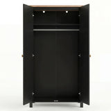 [Black] Haven wardrobe interior layout on white, shelf at top and hanging rail below, both doors open.