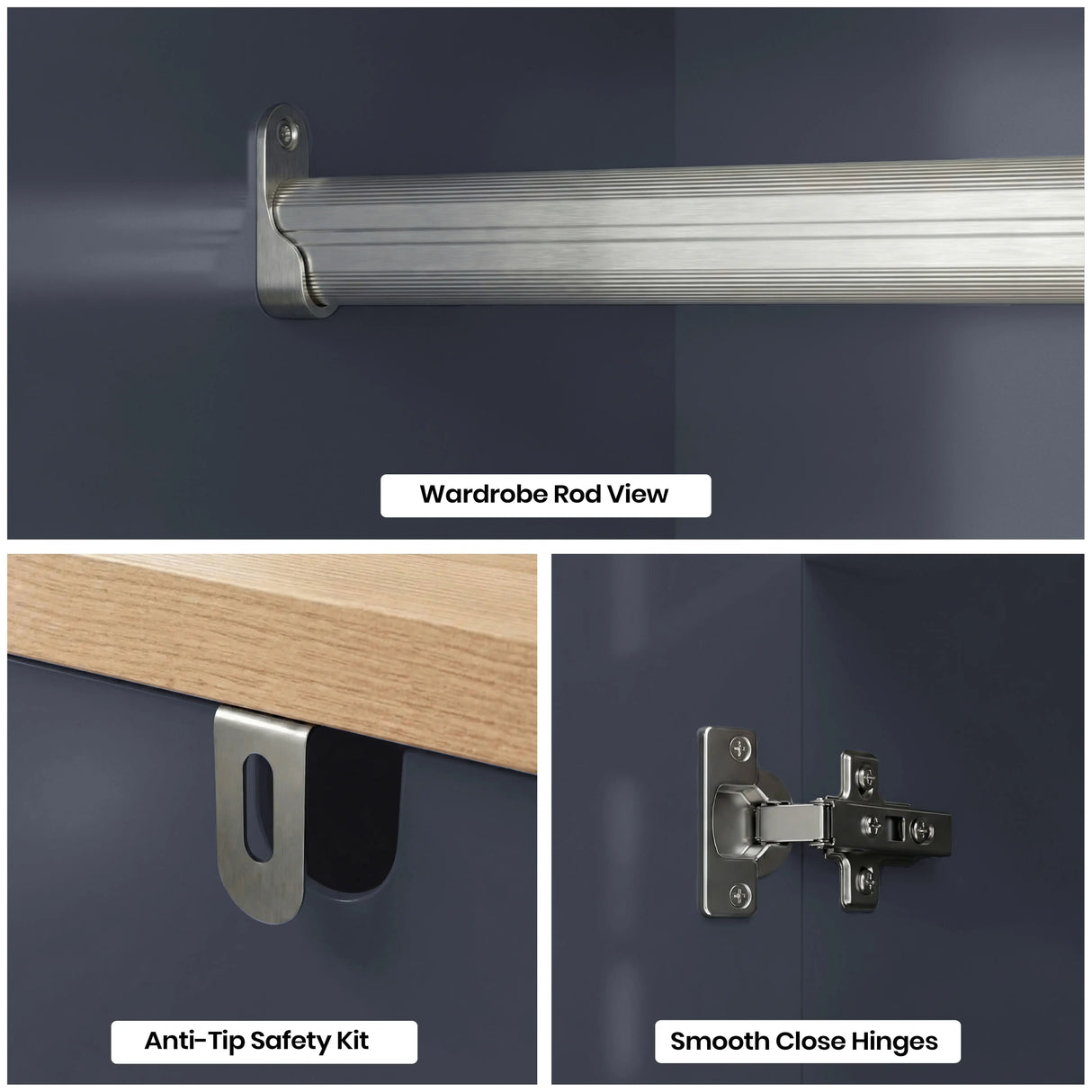 [Blue] Haven wardrobe components, silver hanging rod, anti-tip bracket and concealed soft close hinge
