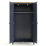 [Blue] Open empty Haven wardrobe, blue body with oak top, internal shelf above clothes hanging rail