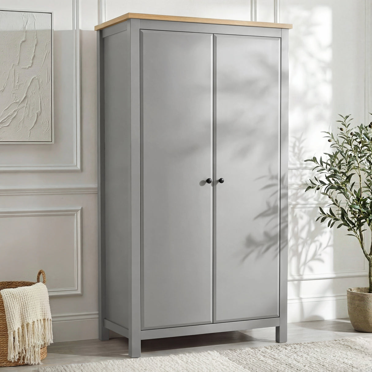 [Grey] Haven wardrobe angled, 2 doors, oak top, grey painted frame with round black knobs