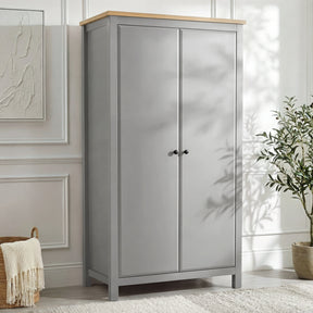 [Grey] Haven wardrobe angled, 2 doors, oak top, grey painted frame with round black knobs