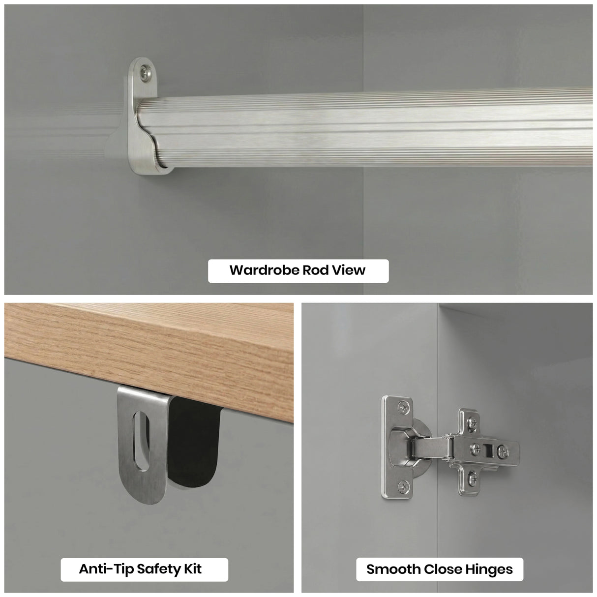 [Grey] Haven wardrobe hardware, metal hanging rod, anti tip safety kit and smooth close hinges
