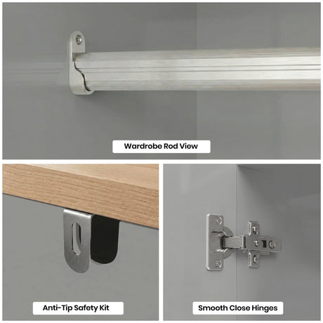[Grey] Haven wardrobe hardware, metal hanging rod, anti tip safety kit and smooth close hinges