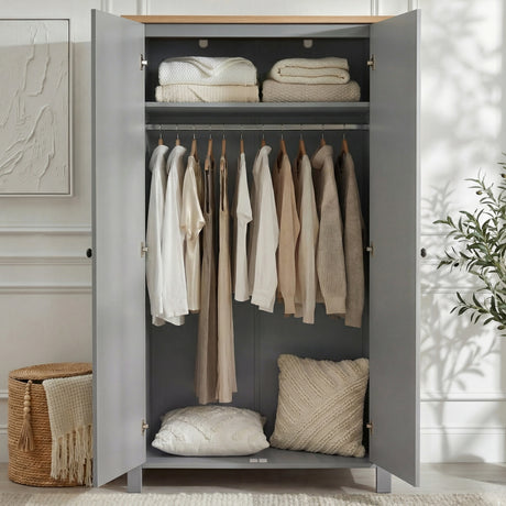 [Grey] Haven wardrobe interior, hanging rail with clothes and shelf above, grey painted