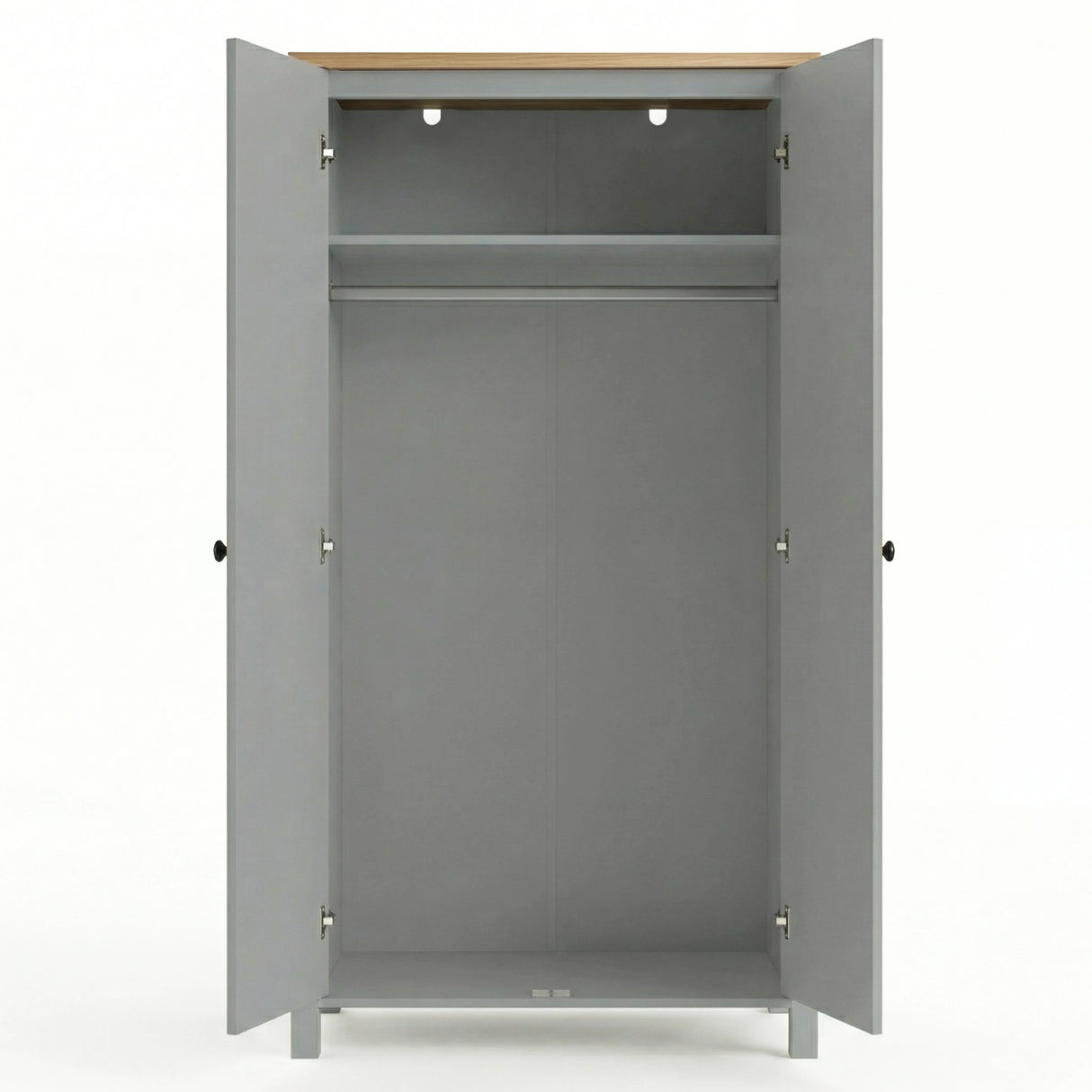[Grey] Open Haven wardrobe on white, oak top, grey frame, rail and internal shelf above