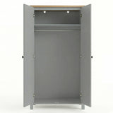 [Grey] Open Haven wardrobe on white, oak top, grey frame, rail and internal shelf above