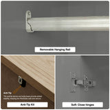 [Grey] Haven Grey 2 Door Double Wardrobe with Shelves and Hanging Rail diagram detailing the hanging rail, anti-tip kit, and soft-close hinges.