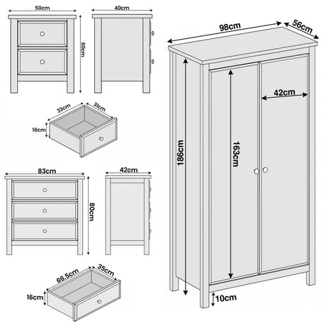 [White] Haven wardrobe assembly guide showing dimensions, measurements, component layout, and technical details