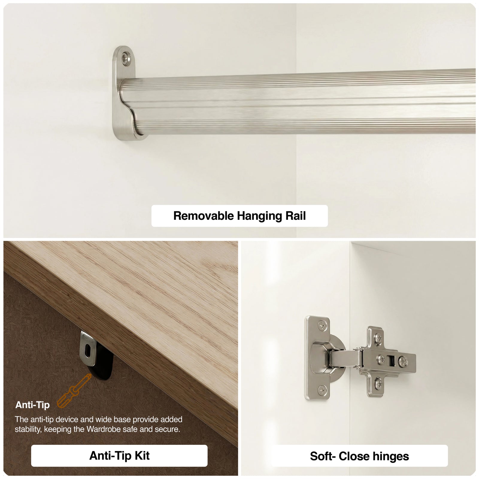 [White] Haven wardrobe hardware panels showing the metal hanging rod, anti tip safety bracket and smooth close hinge