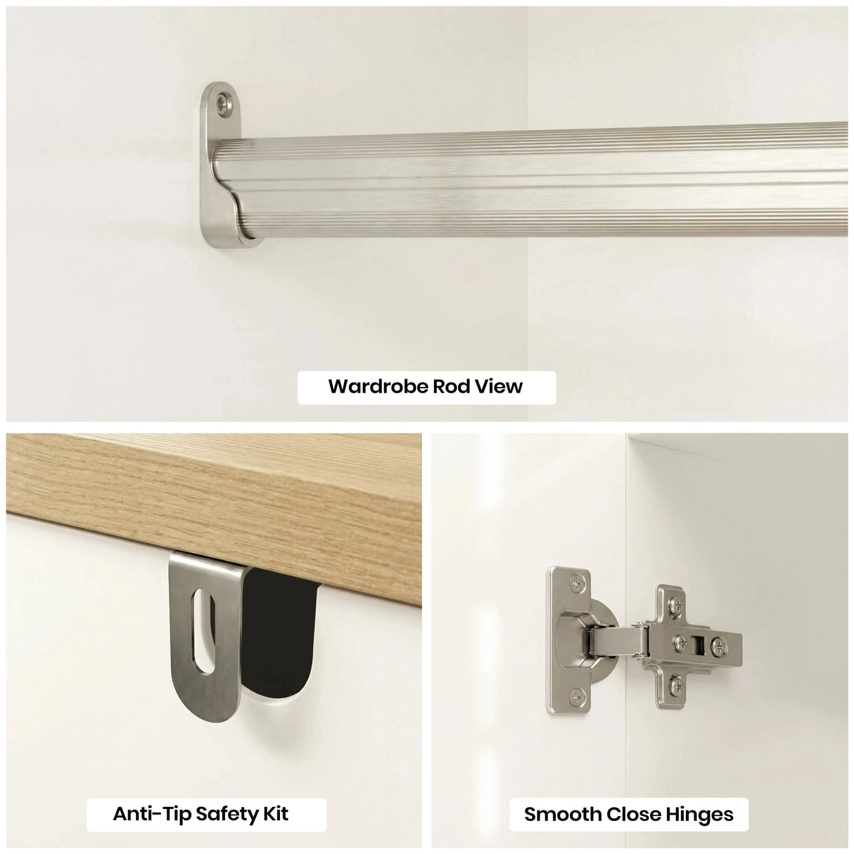 [White] Haven wardrobe hardware panels showing the metal hanging rod, anti tip safety bracket and smooth close hinge