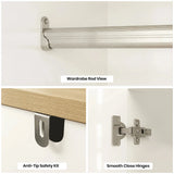 [White] Haven wardrobe hardware panels showing the metal hanging rod, anti tip safety bracket and smooth close hinge