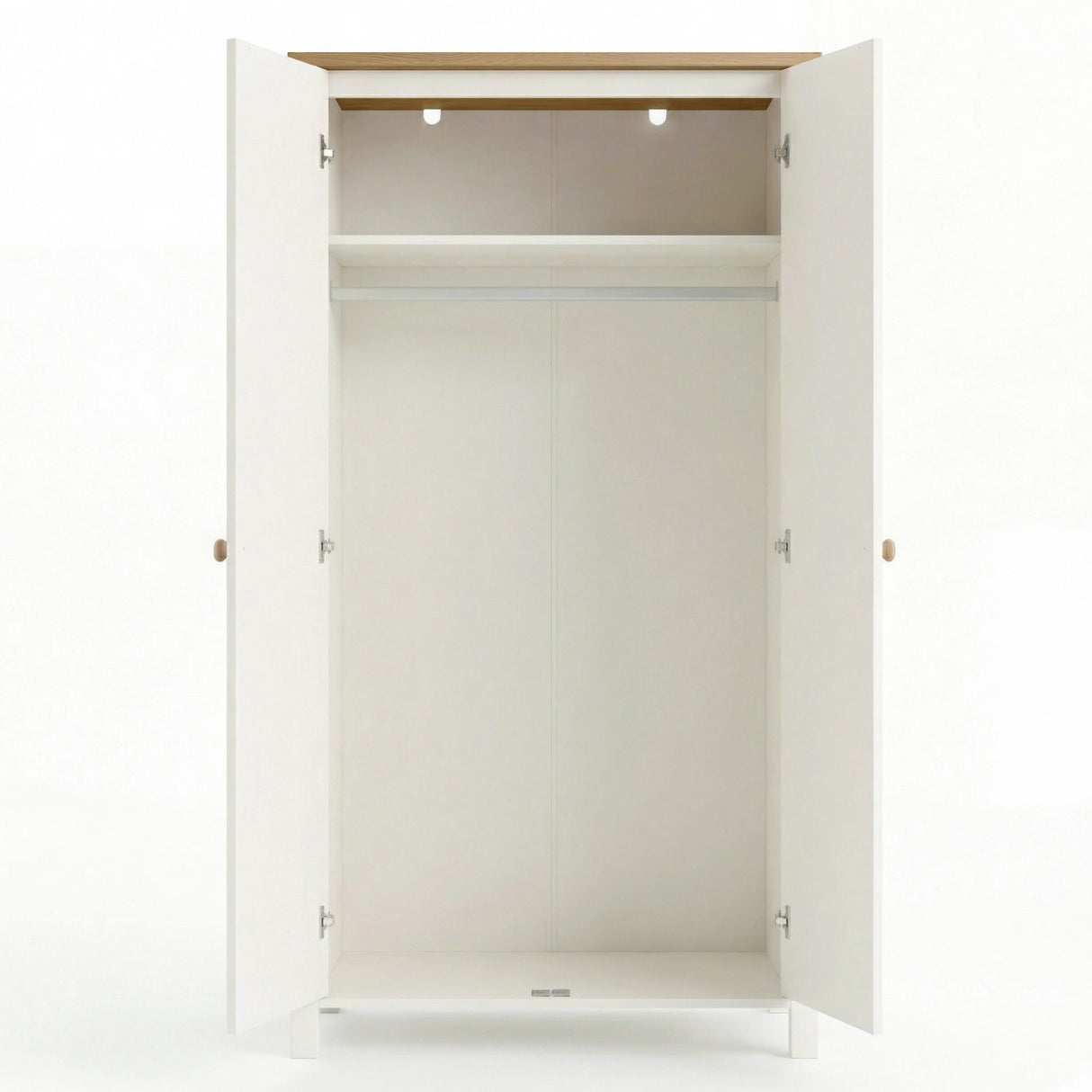 [White] Haven 2 door wardrobe open on a white background, empty interior with one top shelf and a hanging rail