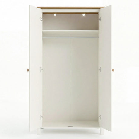 [White] Haven 2 door wardrobe open on a white background, empty interior with one top shelf and a hanging rail