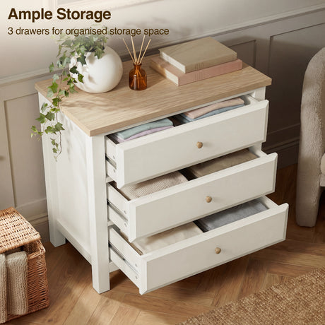 [White] Haven 3-drawer chest with all drawers open showing interior depth and ample storage capacity overlay text