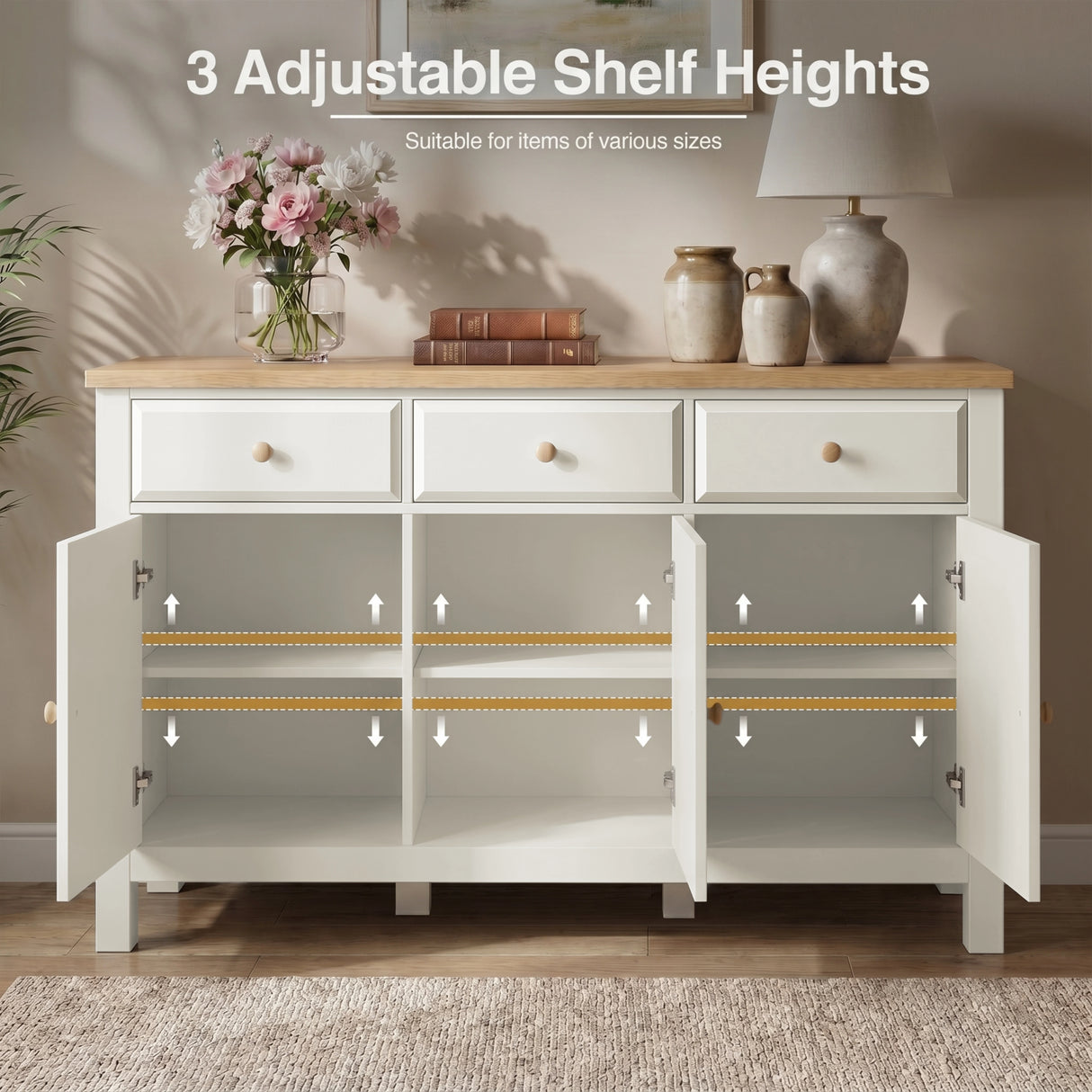 [White] Haven 3-door sideboard interior showing 3 adjustable shelf height positions with feature annotation overlay