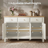 [White] Haven 3-door sideboard interior showing 3 adjustable shelf height positions with feature annotation overlay