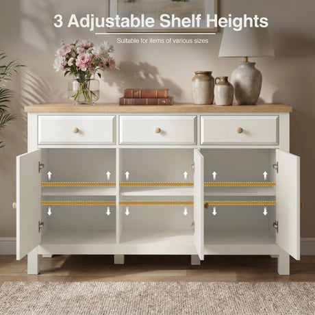 [White] Haven 3-door sideboard interior showing 3 adjustable shelf height positions with feature annotation overlay