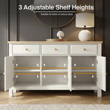 [White] Haven 3-door sideboard interior showing 3 adjustable shelf height positions with feature annotation overlay