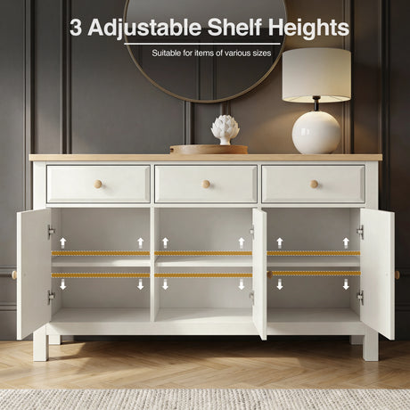 [White] Haven 3-door sideboard interior showing 3 adjustable shelf height positions with feature annotation overlay