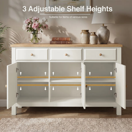 [White] Haven 3-door sideboard interior showing 3 adjustable shelf height positions with feature annotation overlay