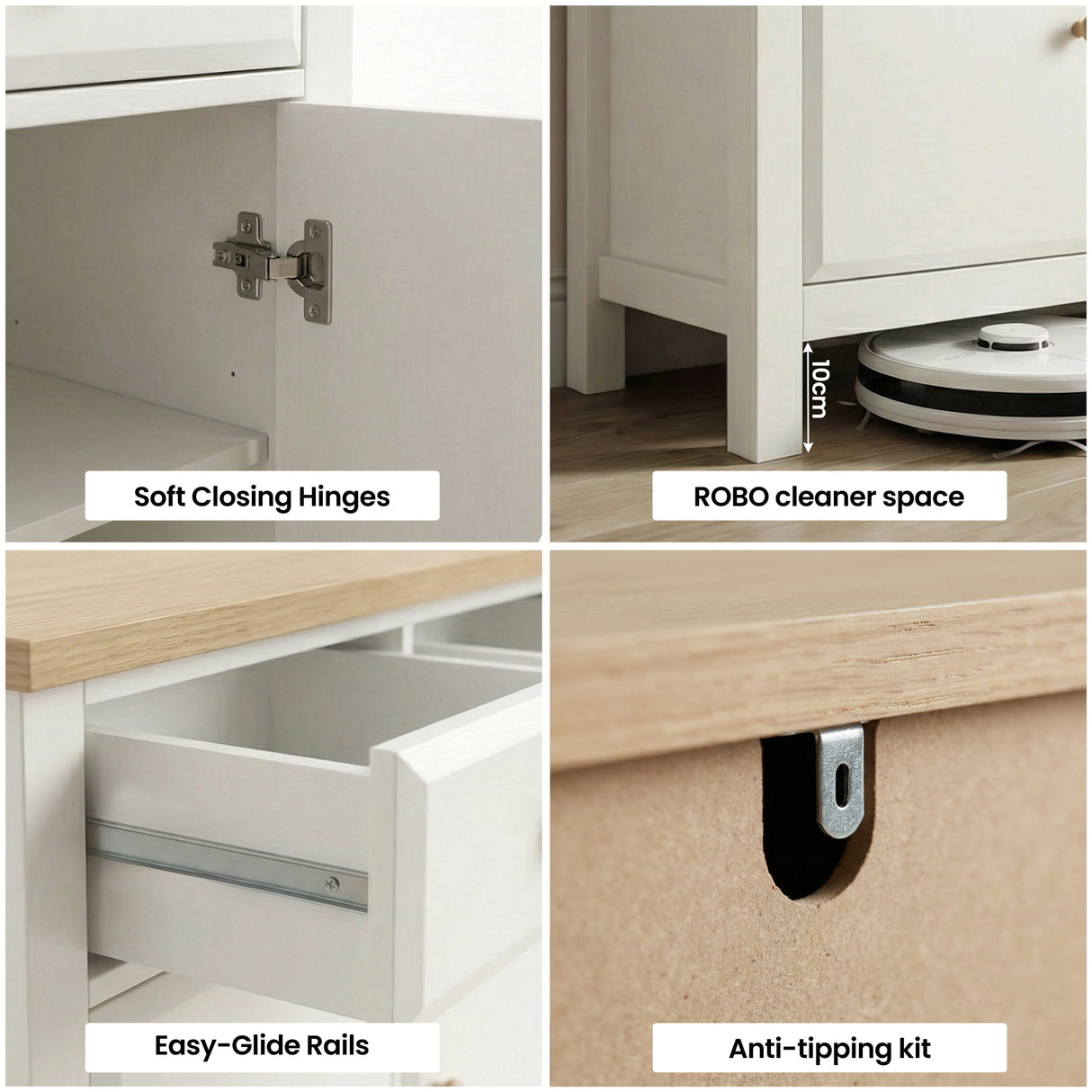 [White] Haven 3-door sideboard detail showing anti-tip wall safety bracket and oak veneer top edge close-up