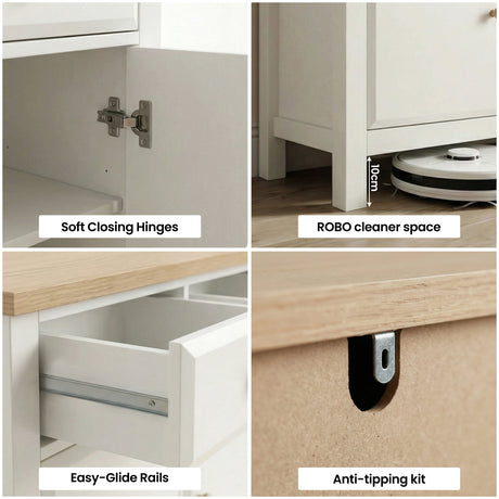 [White] Haven 3-door sideboard detail showing anti-tip wall safety bracket and oak veneer top edge close-up