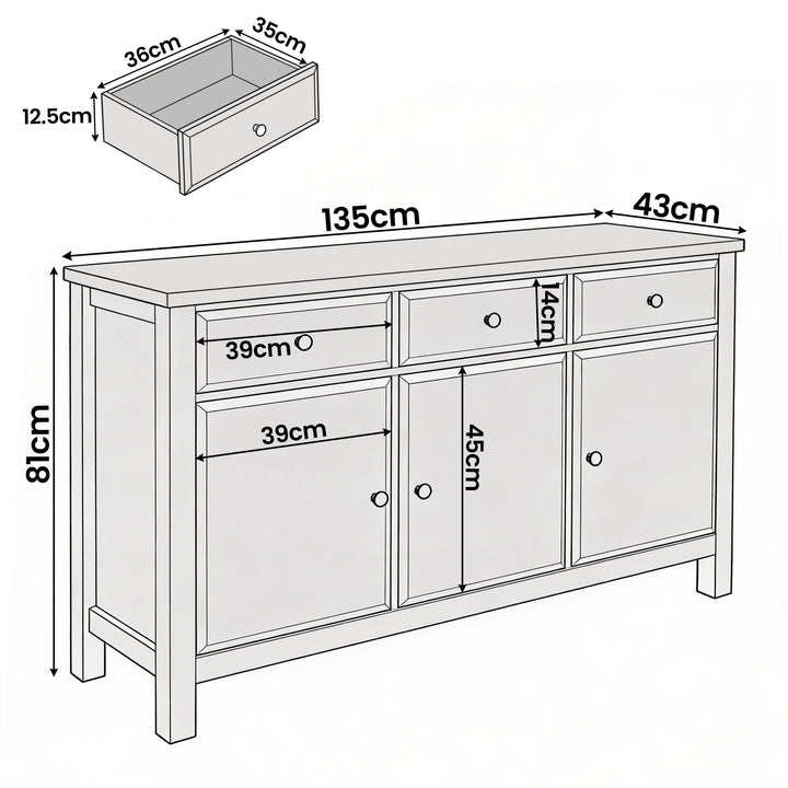 [White] Haven 3 door sideboard schematic listing 135 x 43 x 81cm overall and 36 x 36 x 12.5cm internal drawer size