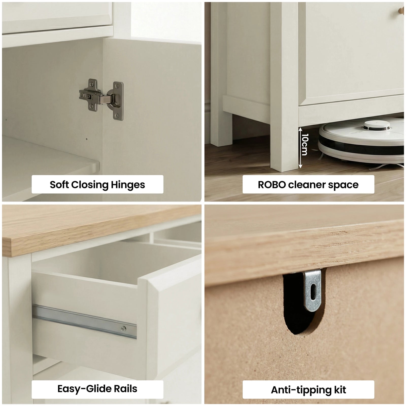 [White] Collage of furniture features including soft closing hinges, ROBO cleaner space, easy-glide rails, and anti-tipping kit