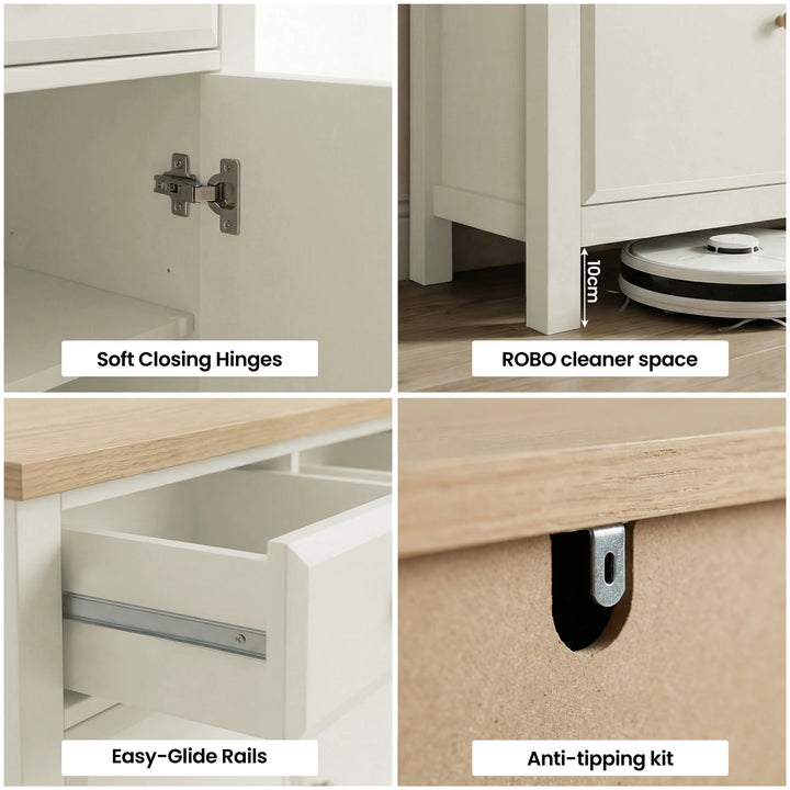 [White] Collage of furniture features including soft closing hinges, ROBO cleaner space, easy-glide rails, and anti-tipping kit