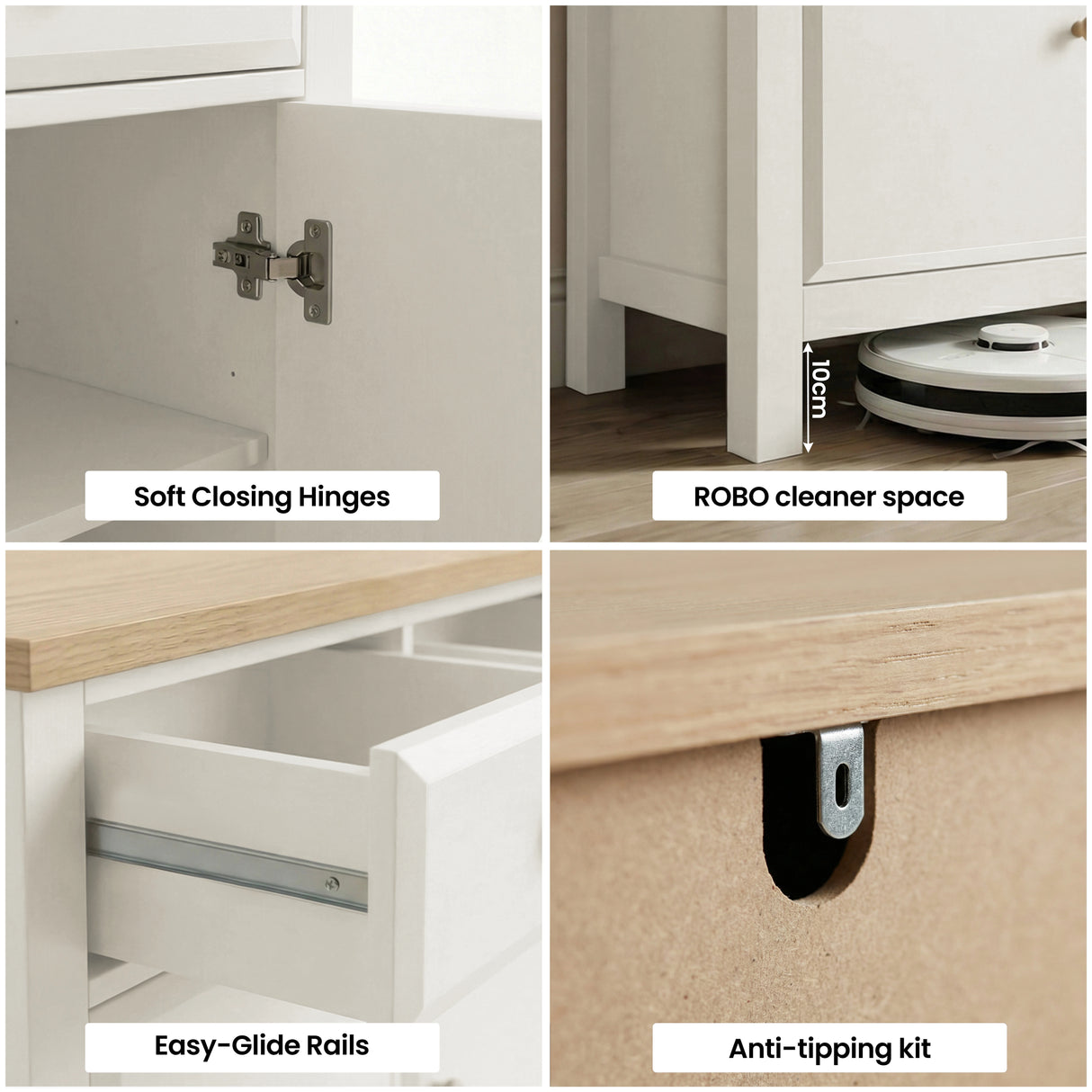 [White] Collage of furniture features including soft closing hinges, ROBO cleaner space, easy-glide rails, and anti-tip kit