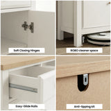 [White] Collage of furniture features including soft closing hinges, ROBO cleaner space, easy-glide rails, and anti-tip kit