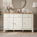 [White] sideboard with wooden top in a room setting with decor items