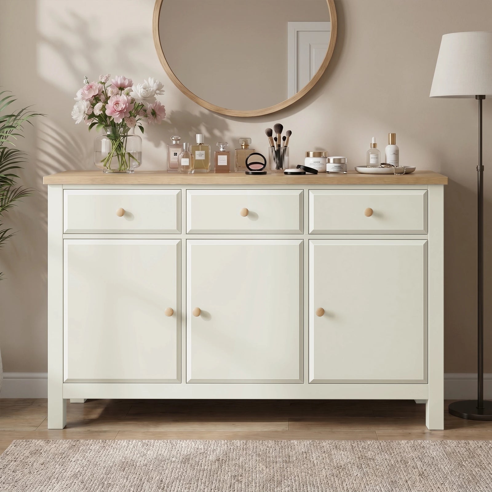 [White] sideboard with wooden top in a room setting with decor items