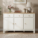 [White] Haven 3-door sideboard front view in a styled room with decorative accessories on oak veneer top