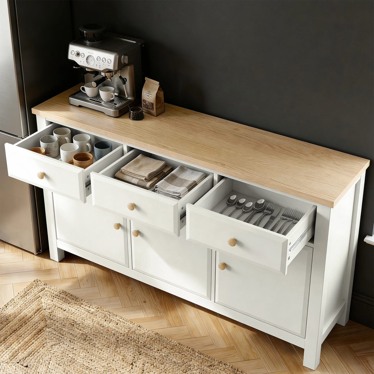 [White] Haven 3-door sideboard in a group lifestyle setting with coordinating Haven furniture pieces