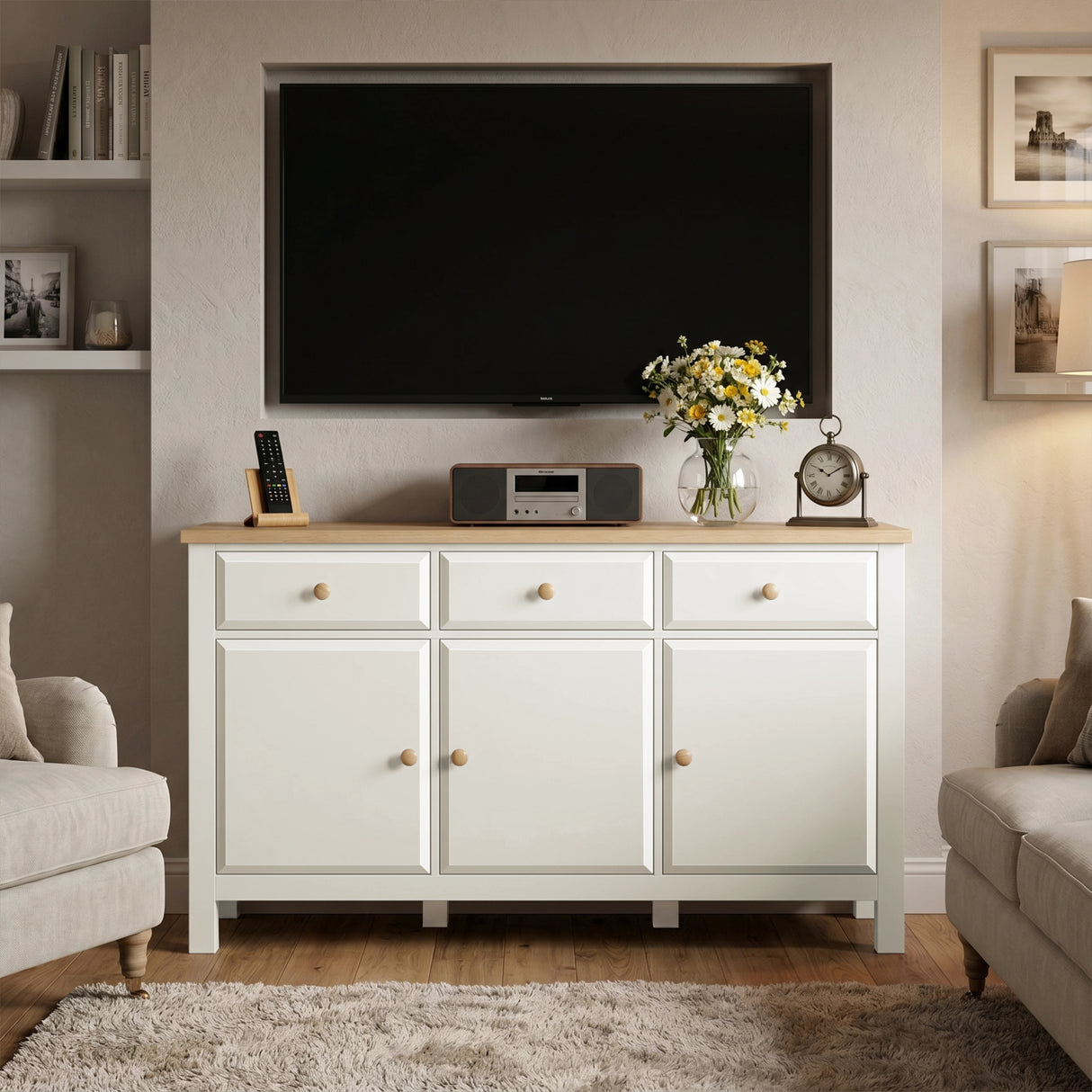 [White] Haven 3-door sideboard angled view in a styled room with decorative accessories on oak veneer top