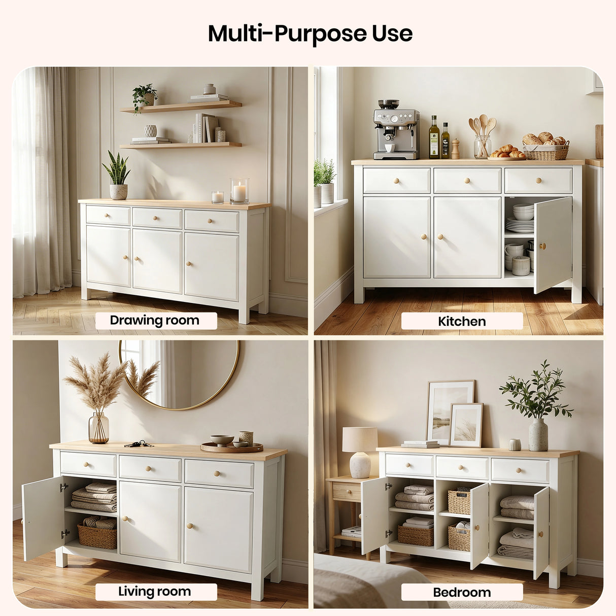 [White] Haven 3-door sideboard listing view with drawer open showing interior depth and oak veneer top surface