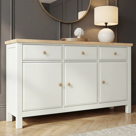 [White] Haven 3-door sideboard main front view showing full painted frame, panel doors and oak veneer top panel