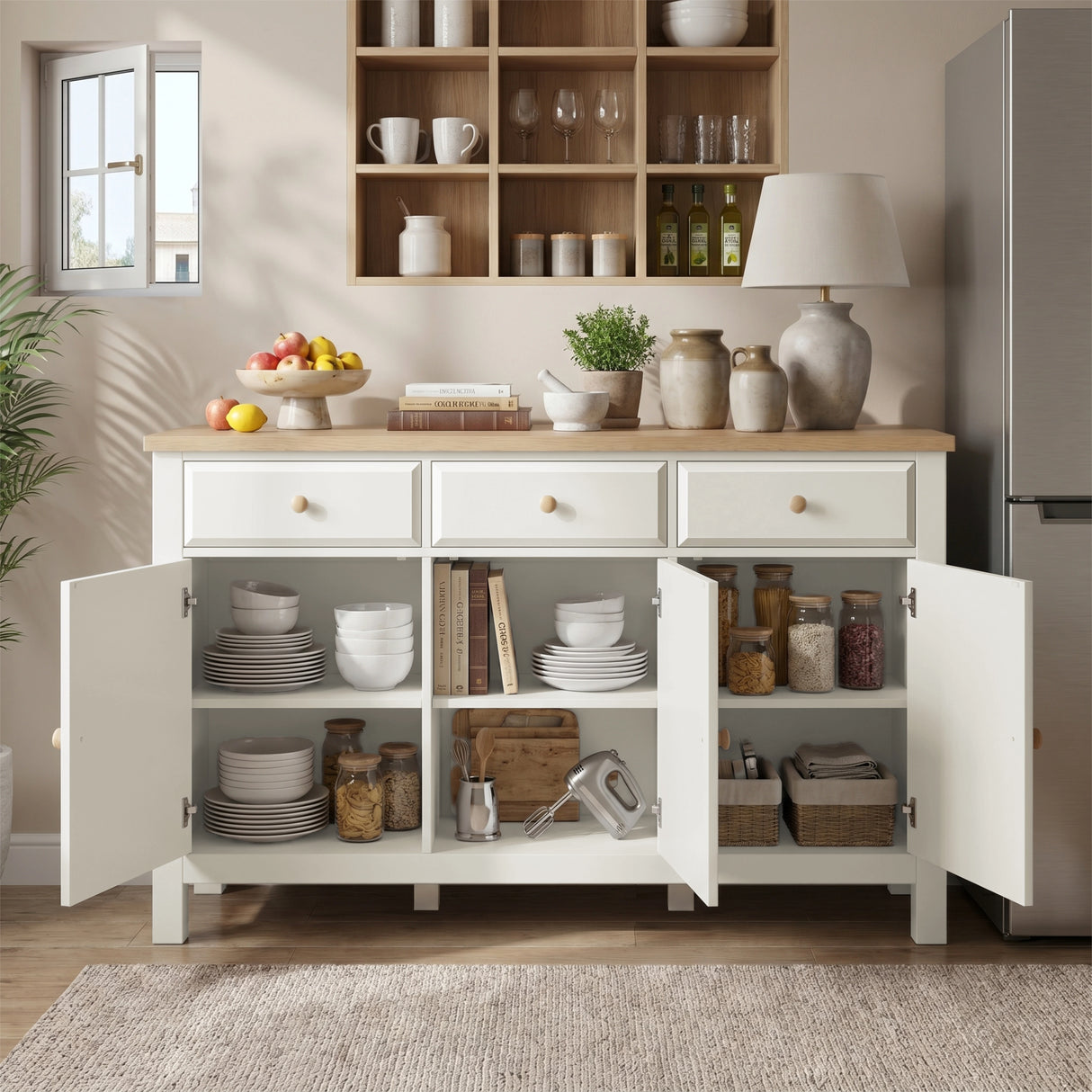 [White] Haven 3-door sideboard with all doors open showing internal shelves and full interior storage layout