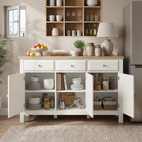 [White] Haven 3-door sideboard with all doors open showing internal shelves and full interior storage layout