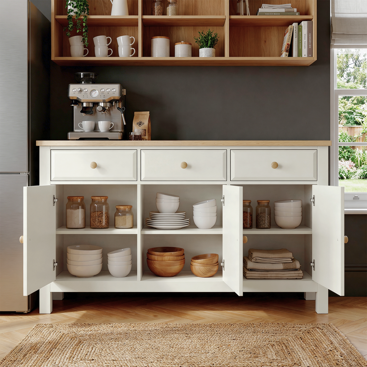[White] Haven 3-door sideboard with all doors open showing internal shelves and full interior storage layout